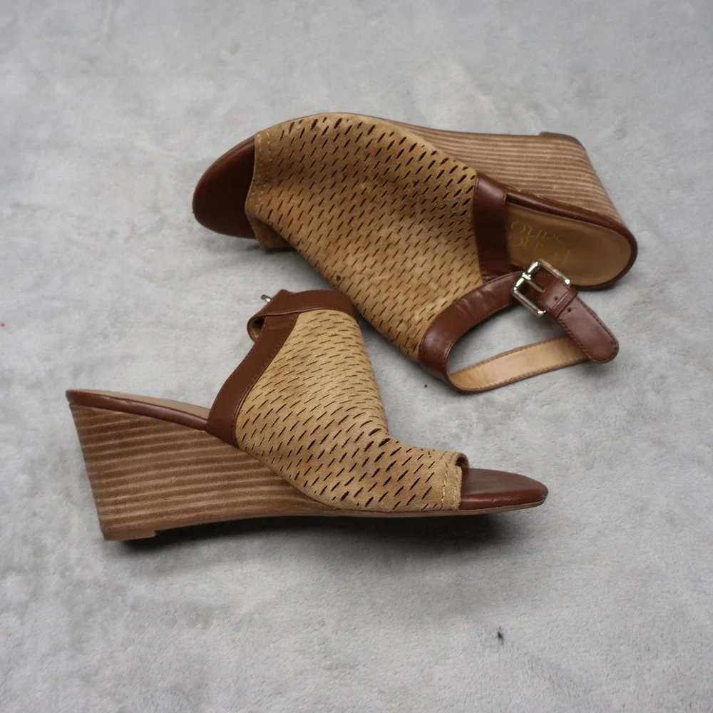 Franco Sarto Womens 7M Martha Sandals Brown Wedge Leather Laser Cut Suede‎ Boho